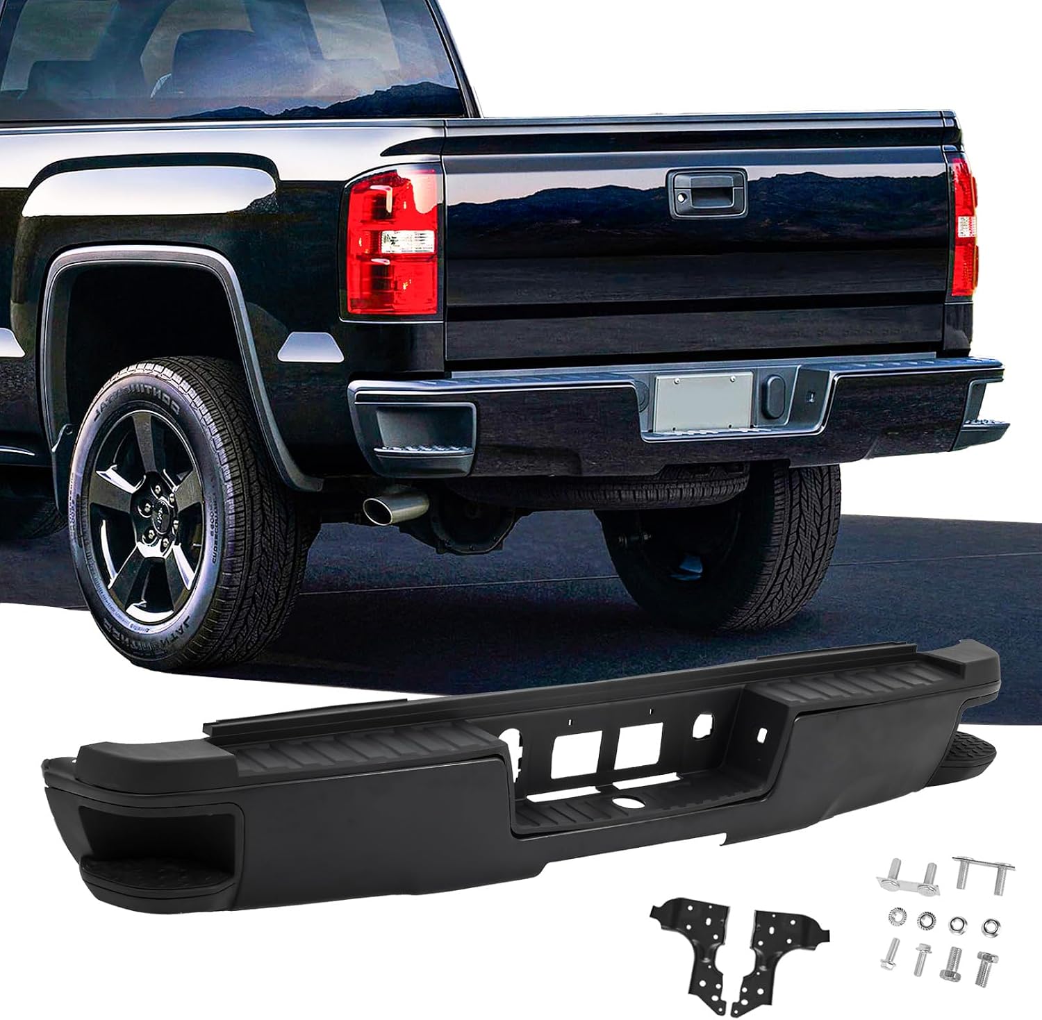 Rear Step Bumper Compatible with 2014 2015 2016 2017 2018 Chevy Silverado/GMC Sierra 1500 Black Steel without Sensor Holes,GM1103177