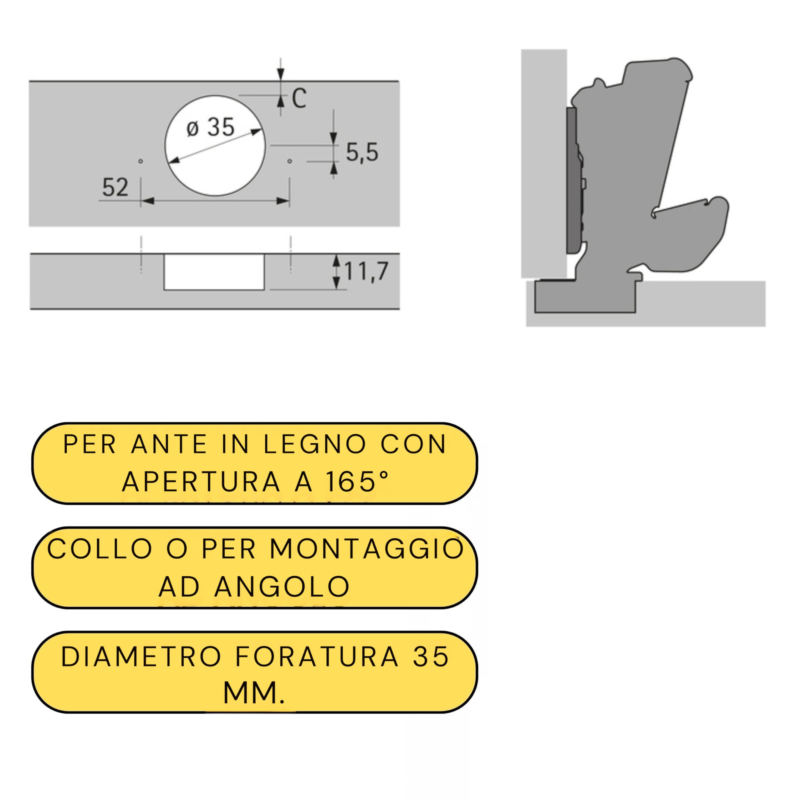 Scharnier 165° gedämpft für Schranktüren, kompatibel mit Hettich-Basis – verzinkter Stahl, Soft Close, ideal für Küchen und Möbel zu Hause (2 Stück)