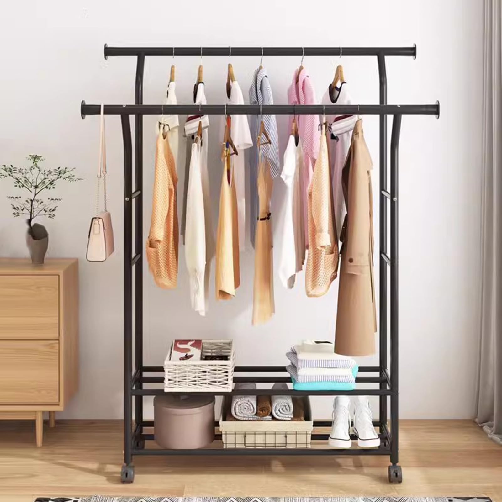 Stender Appendiabiti a Doppia Asta, Appendiabiti con Ruote per Carichi Pesanti, Appendiabiti per Camera da Letto, per Maglioni, Camicie, Cappotti