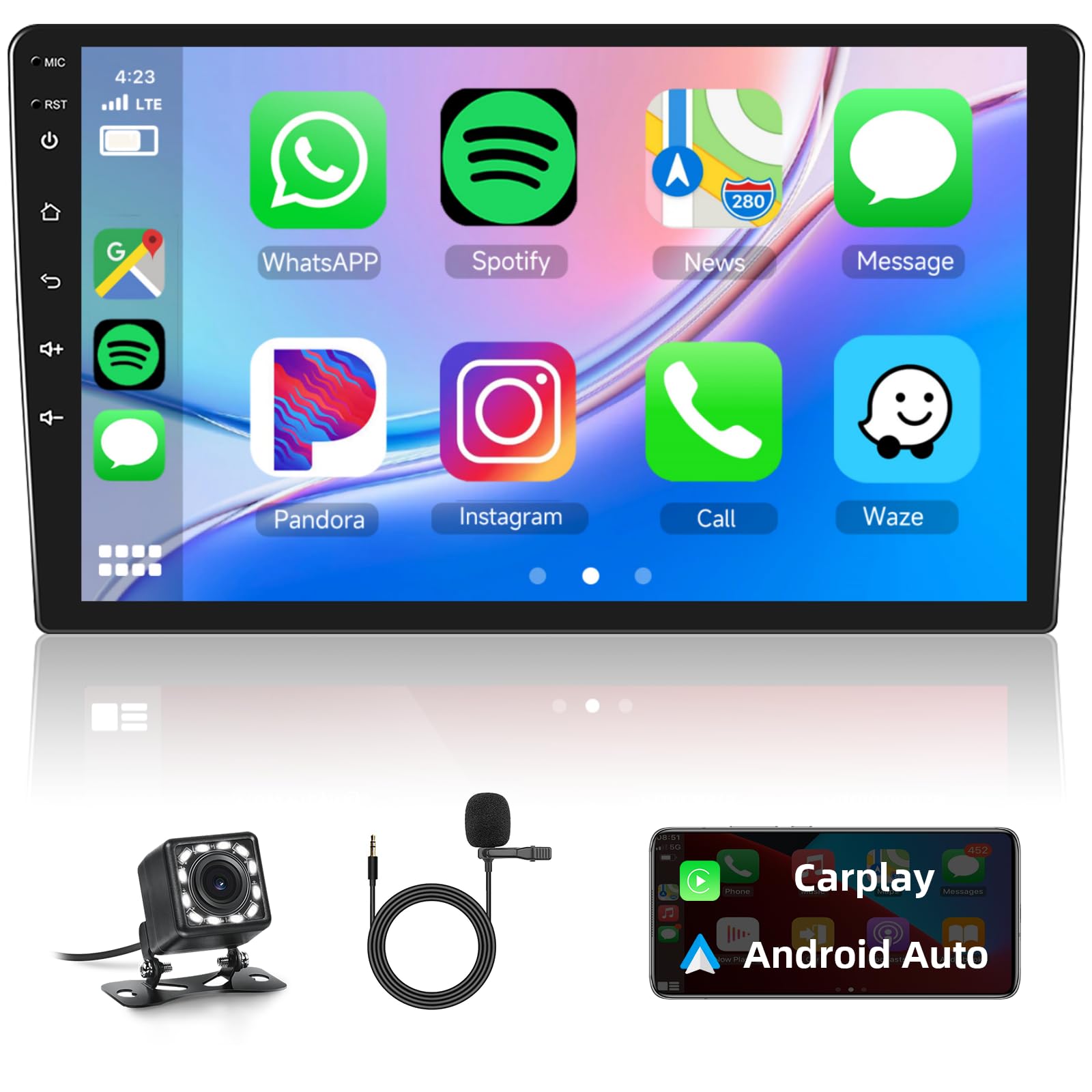 Rimoody - Radio de coche estéreo inalámbrico de doble DIN Android con pantalla táctil de 10 pulgadas con Bluetooth navegación GPS WiFi, radio FM, RDS, iOS/Android Mirror Link + cámara de respaldo