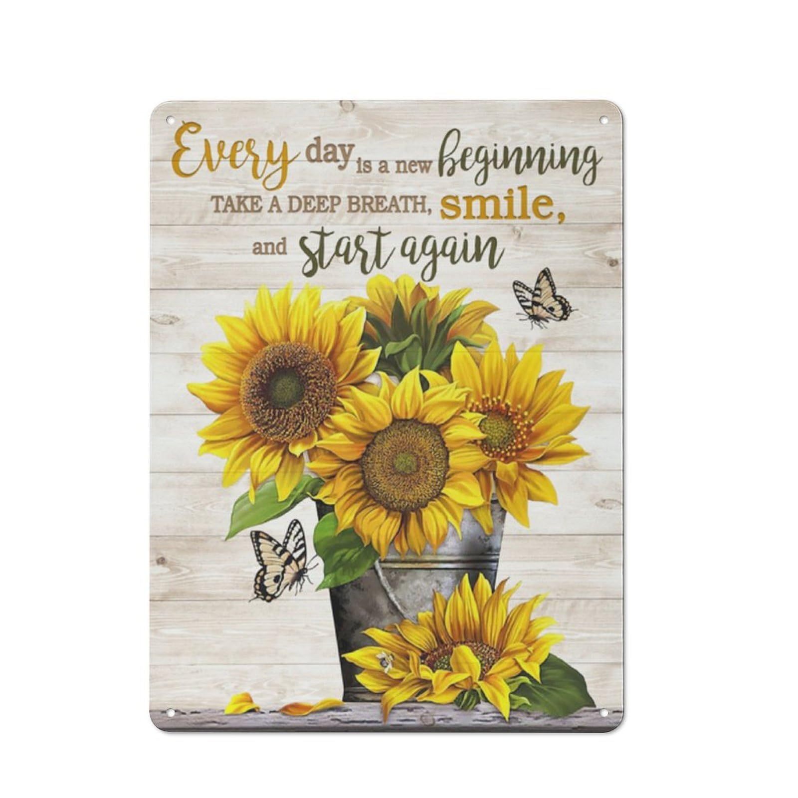 kisoyo Rustic Metal Tin Sign Sunflower Everyday Is A New Beginning Take A Deep Breath Smile And Start Again Country Wall Art Farmhouse Parlor Garden Home Courtyard Wall Decor 12x16 Inch