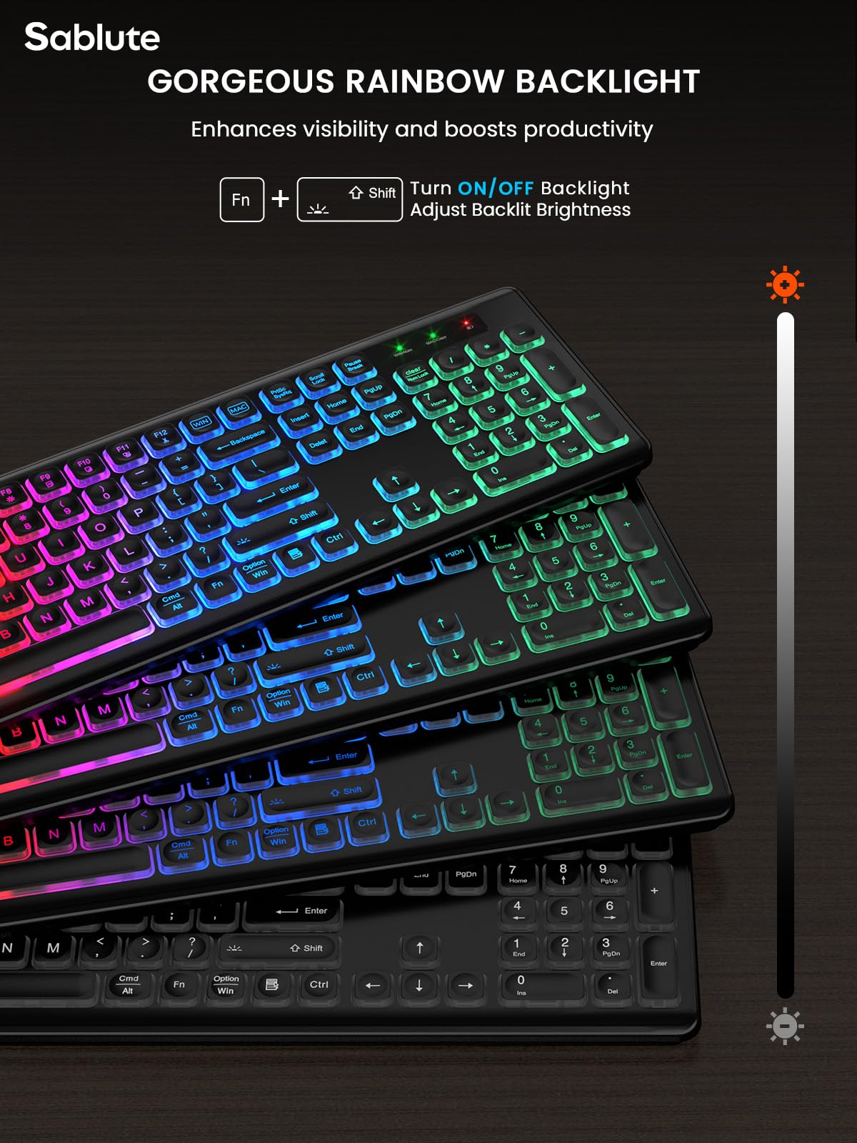 SABLUTE Wireless Keyboard and Mouse Backlit, Quiet Light Up Keys, Tilt Legs, Sleep Mode - Rechargeable USB Cordless Combo for Computer, iMac, PC, Laptop (Black)