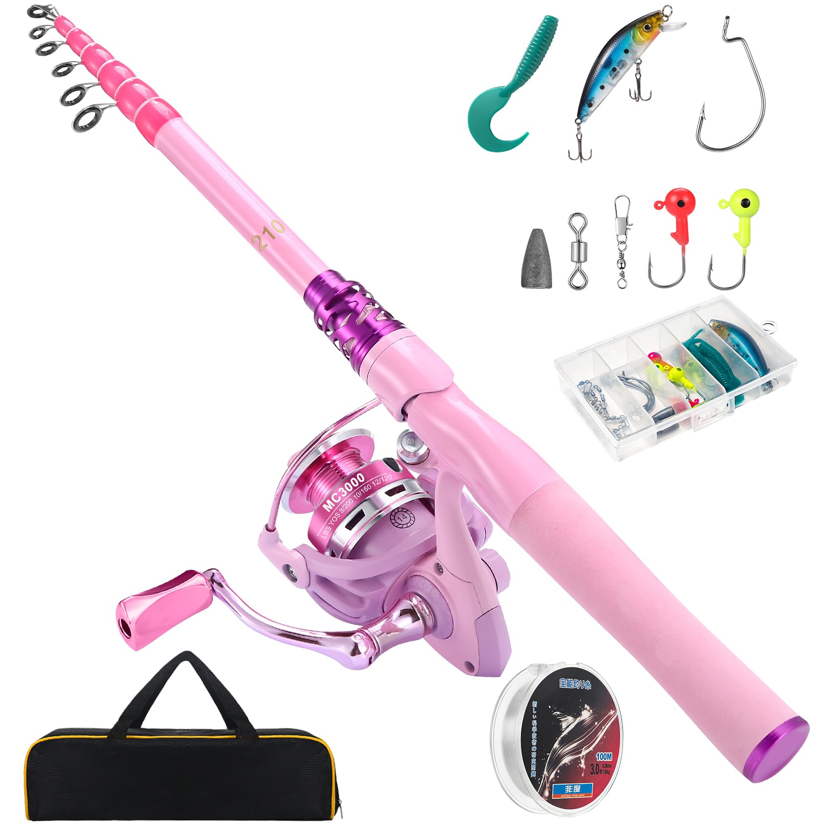 Castaroud Lady Fishing Pole Kit, Portable Telescopic Pink Fishing