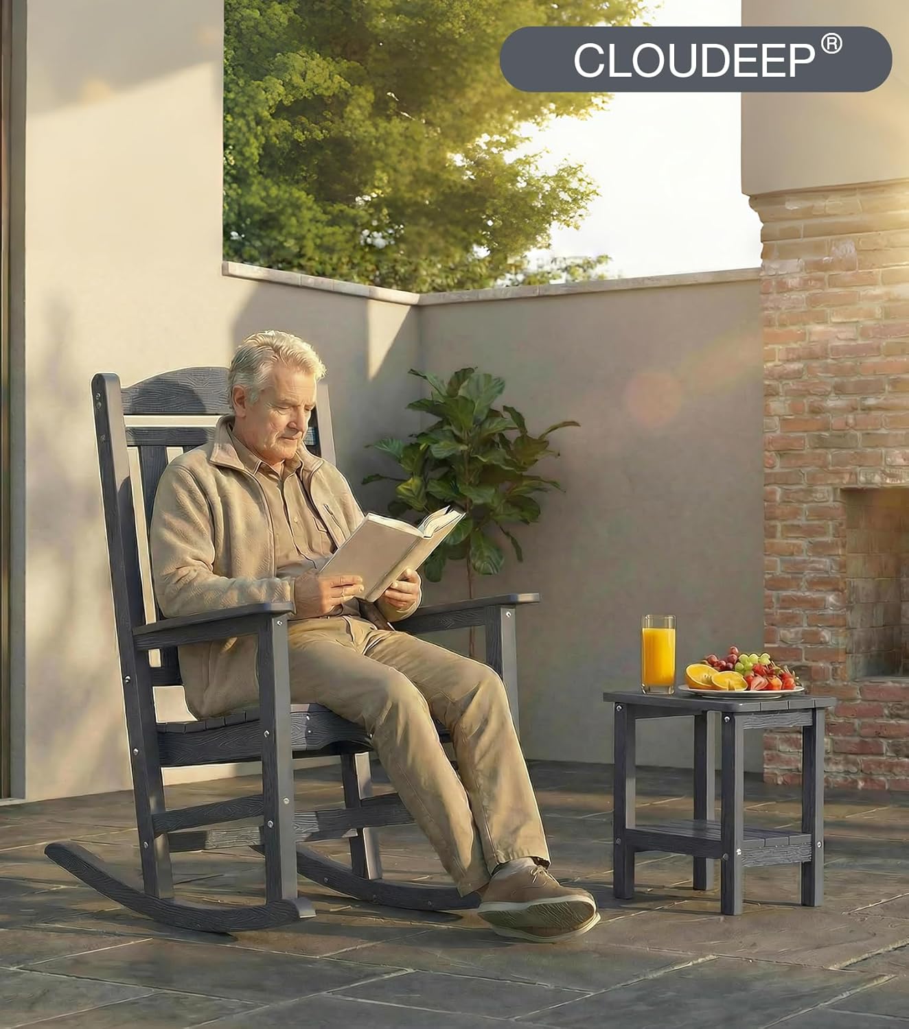 Oversized Outdoor Rocking Chair, High Back Porch Rocker Chair for Adult, HDPE All Weather Resistant Patio Rocking Chairs, Grey