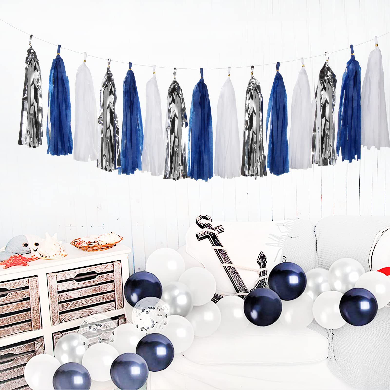 Quasten-Girlande, Luftschlangen aus Seidenpapier, Banner, Abschlussfeier 2025, Hochzeit, Babyparty, Brautparty, Hängedekoration, Jungen, Geburtstag, Hintergrund, Dekoration, Marineblau, Weiß, Silber,