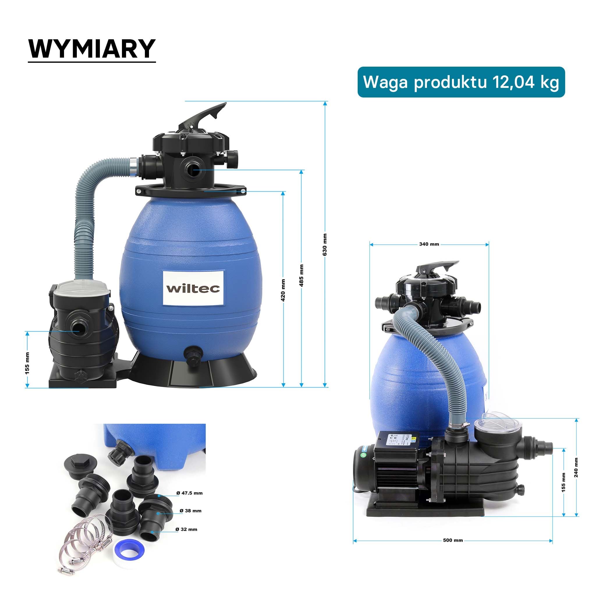 Wiltec System filtra piaskowego 370 W ze zbiornikiem filtra 26 l i pompą samozasysającą 13200 l/h, pompa piaskowa do basenu, filtr do basenu