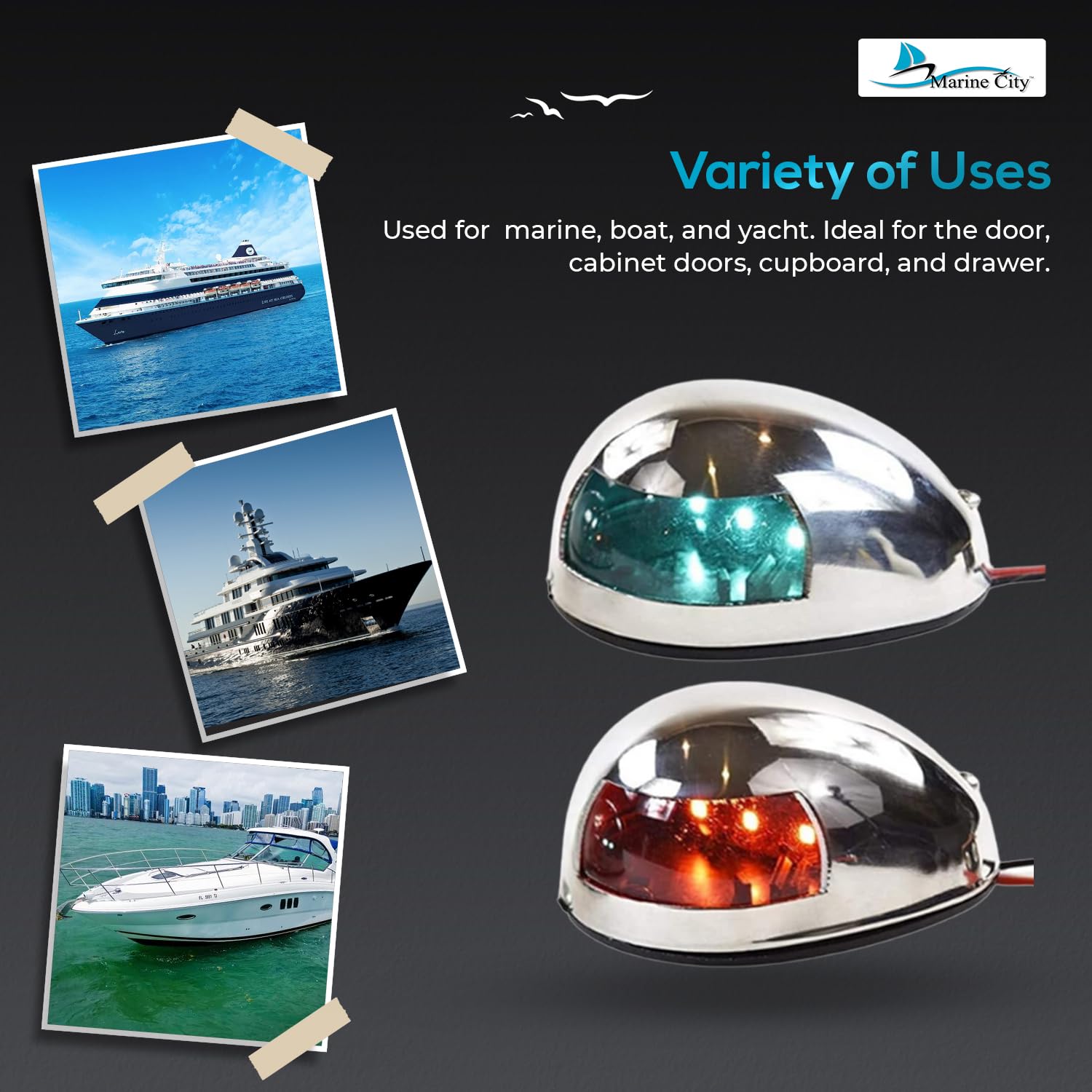 MARINE CITY Luces laterales de navegación LED impermeables de acero inoxidable, rojo y verde, 3-3/16 pulgadas de longitud, ideal para barcos, marines, yates (1 juego)