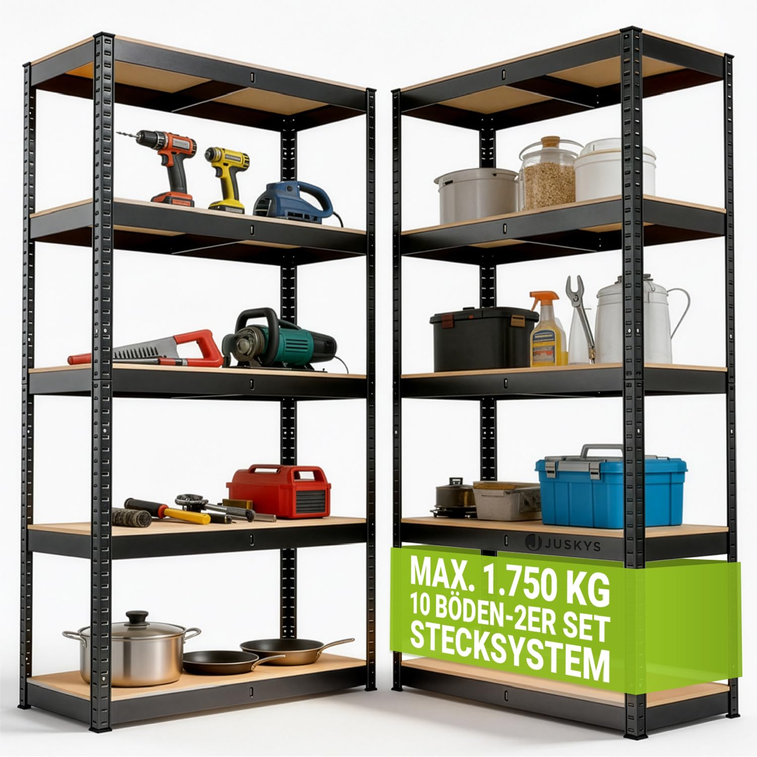 Juskys 2er-Set Lagerregal Basic 2X 180x90x40cm (HxBxT) - 1750 kg - 10 Böden - Schwerlastregal Steckregal Metall Kellerregal Regalsystem Regal - Grau