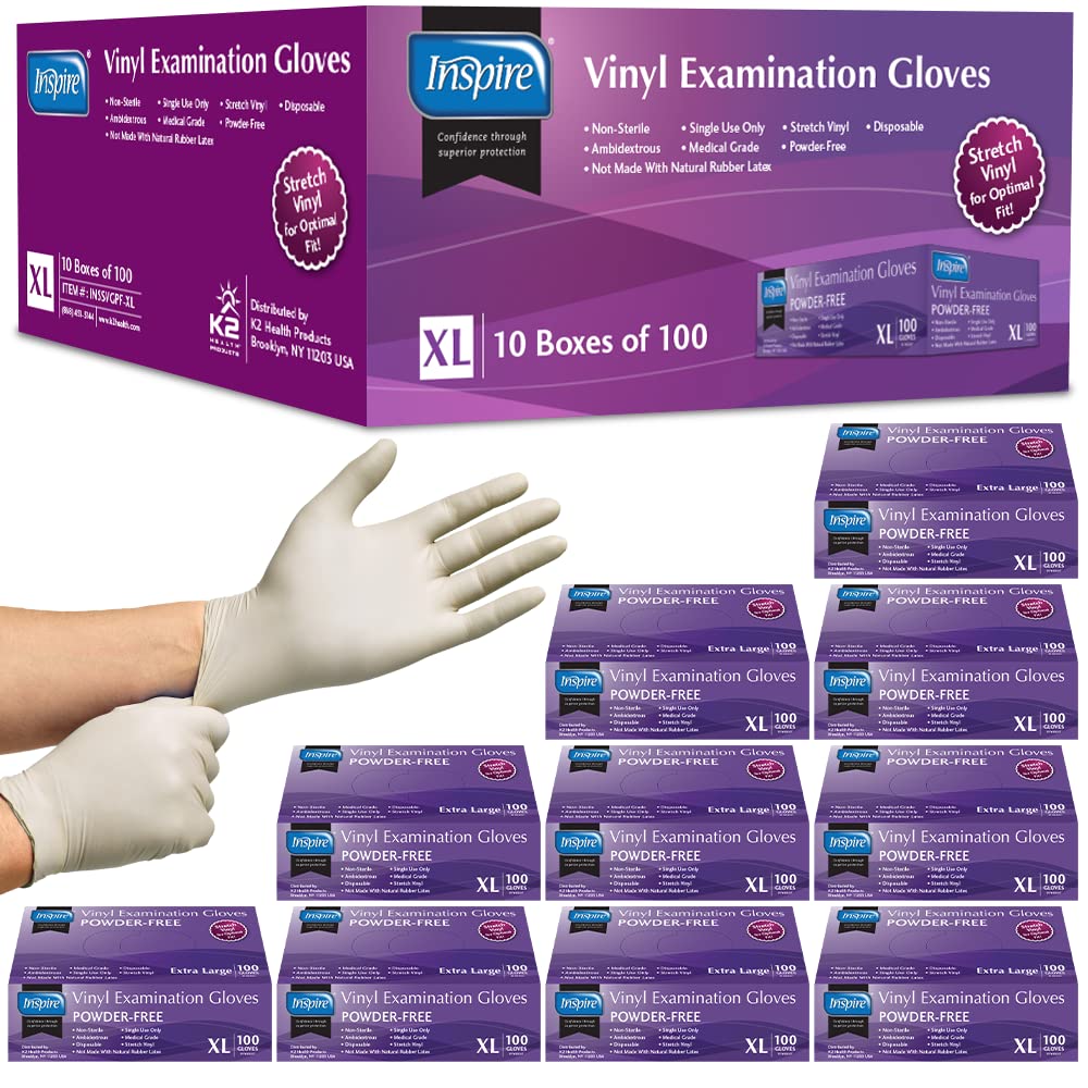 Inspire Stretch Vinyl Exam Gloves | THE ORIGINAL Quality Disposable Latex Free Medical Glove Cleaning Cooking Food Service Labs Healthcare and Household Extra Large, 1000 Count
