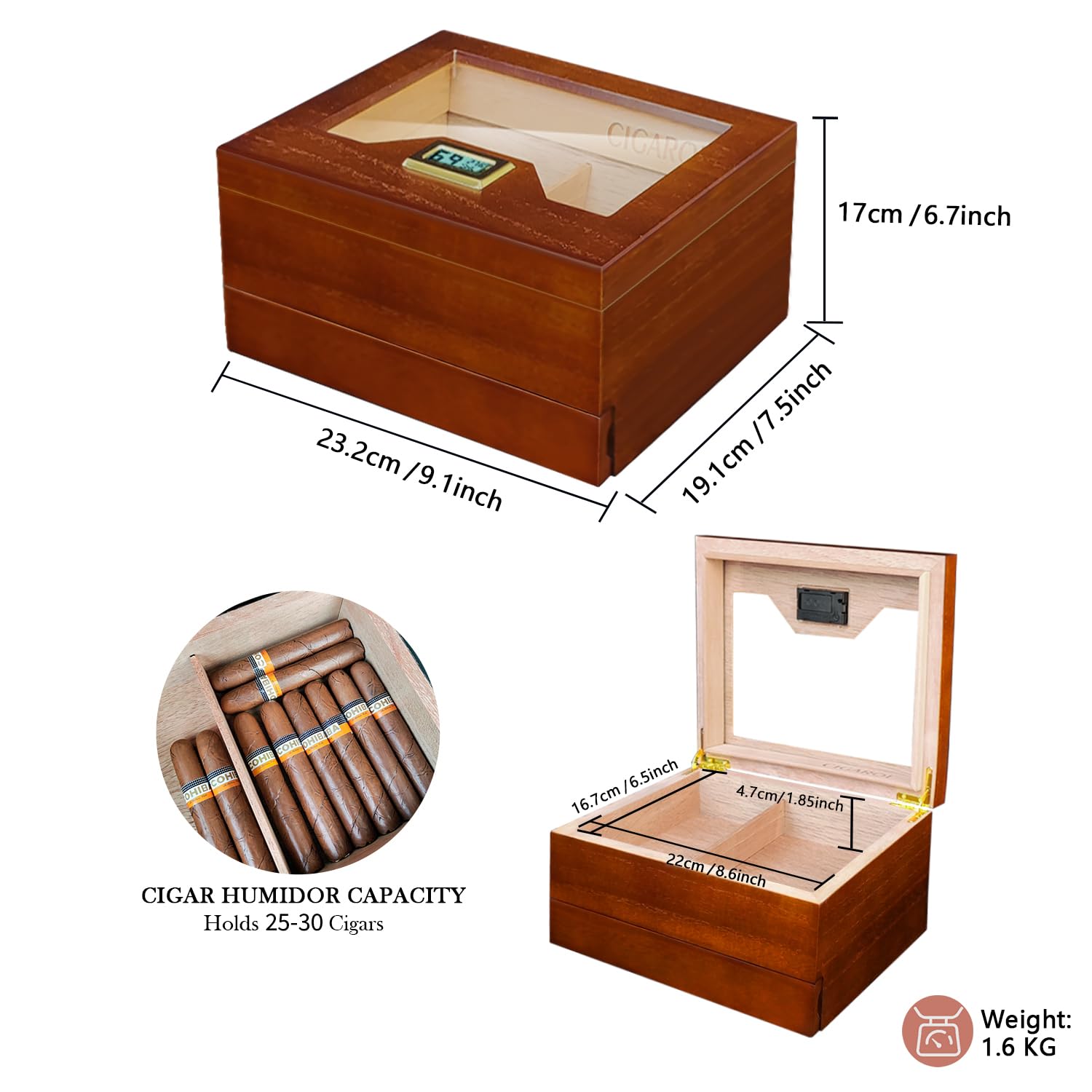 Zigarrenhumidor aus Zedernholz mit Hygrometer & Luftbefeuchter – Für 25-30 Zigarren mit Zubehörschublade, Kirschrotholzkorn
