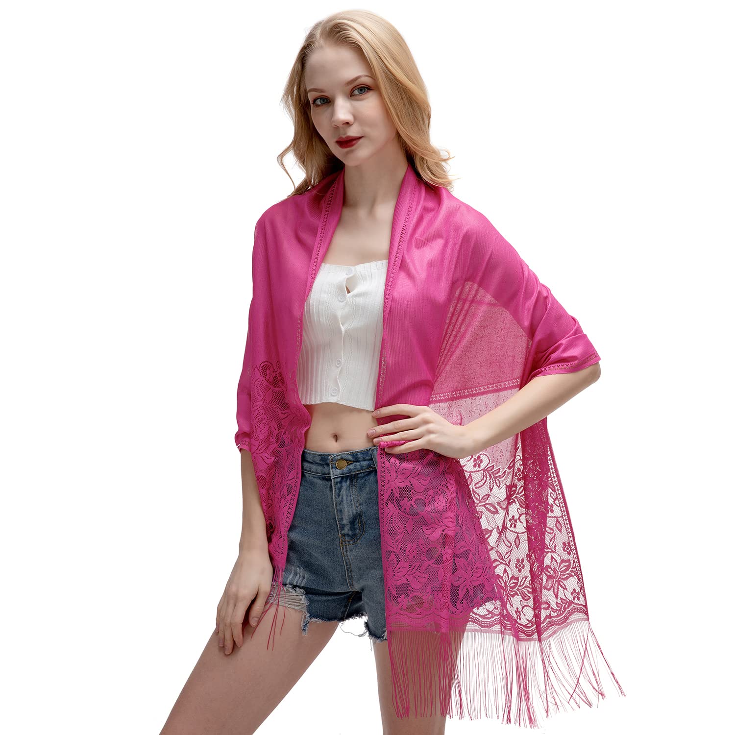Riiqiichy Women's Fushia Pink Scarf Lace Pink Scarf Pashmina Shawls And Wraps For Scarfs For Wedding