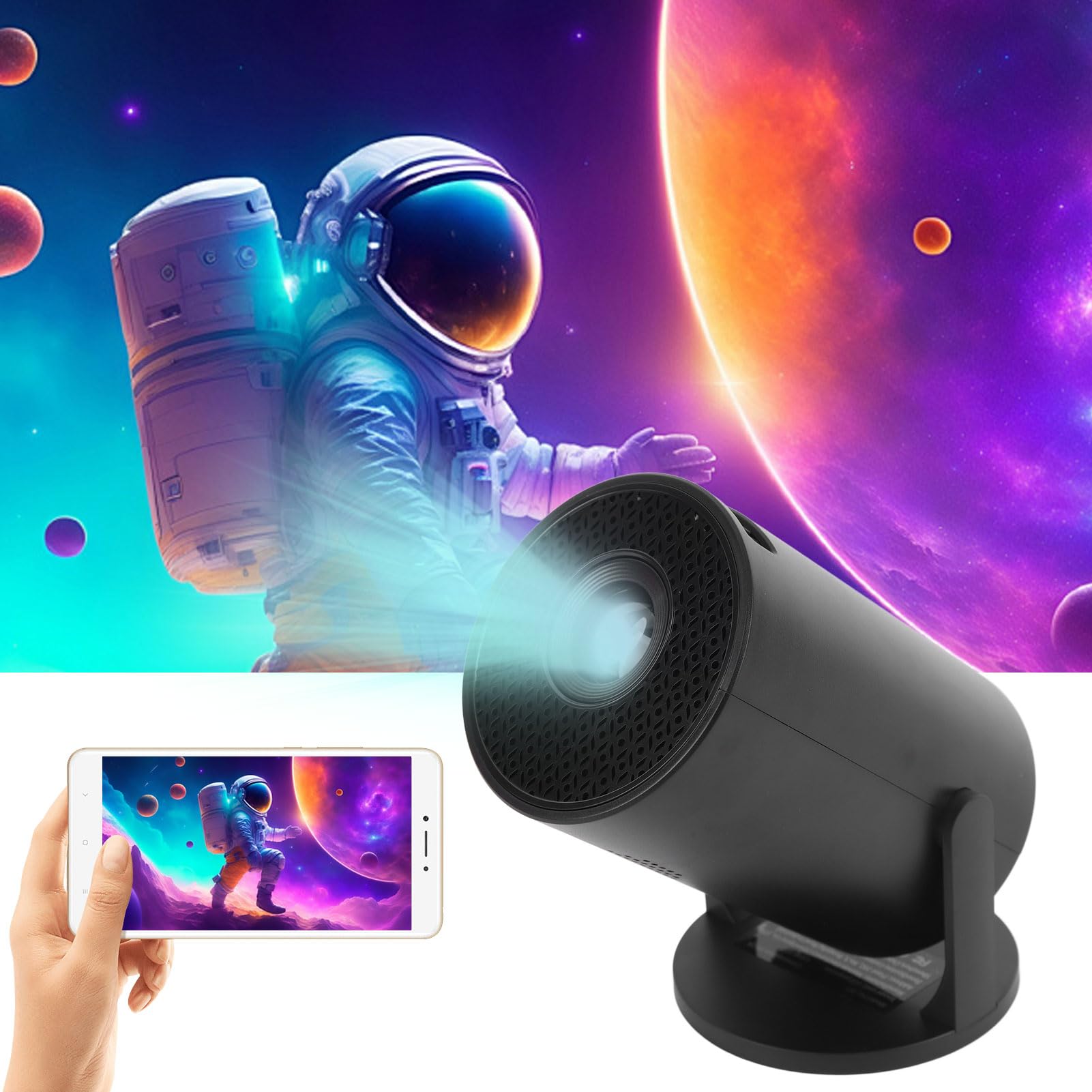 Projecteur Intelligent avec BT, Petit Projecteur sans Fil 1080P, Réglable à 270°, Prise Audio 3,5 Mm, Projecteur de Film Vidéo Portable pour Ordinateur Portable, PC, Smartphone,