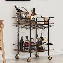 Carrinho de Bar com 2 Níveis, Carrinho de Serviço de Bar Móvel, Rack de Vinho e Suporte para Copos, Ideal para Cozinha, Sala de Jantar e Festas, Marrom