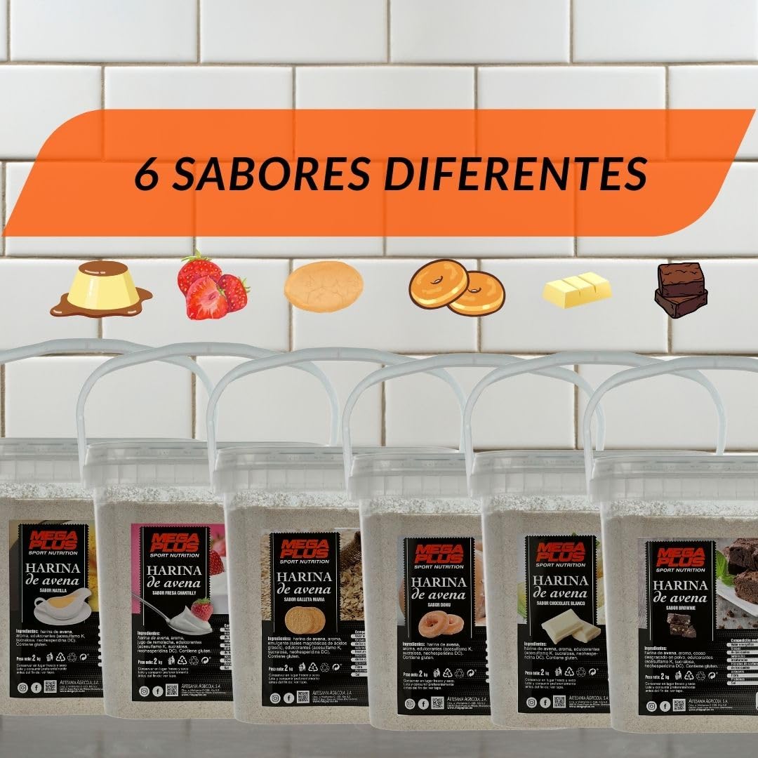 Harina De Avena Sabores - Mega Plus - Harina De Avena Integral Y Para Batido Proteinas O Cereales Avena - Avena En Polvo 8 Sabores - Carbohidratos Y Vitaminas - Sin Azucar - Fresa 2kg