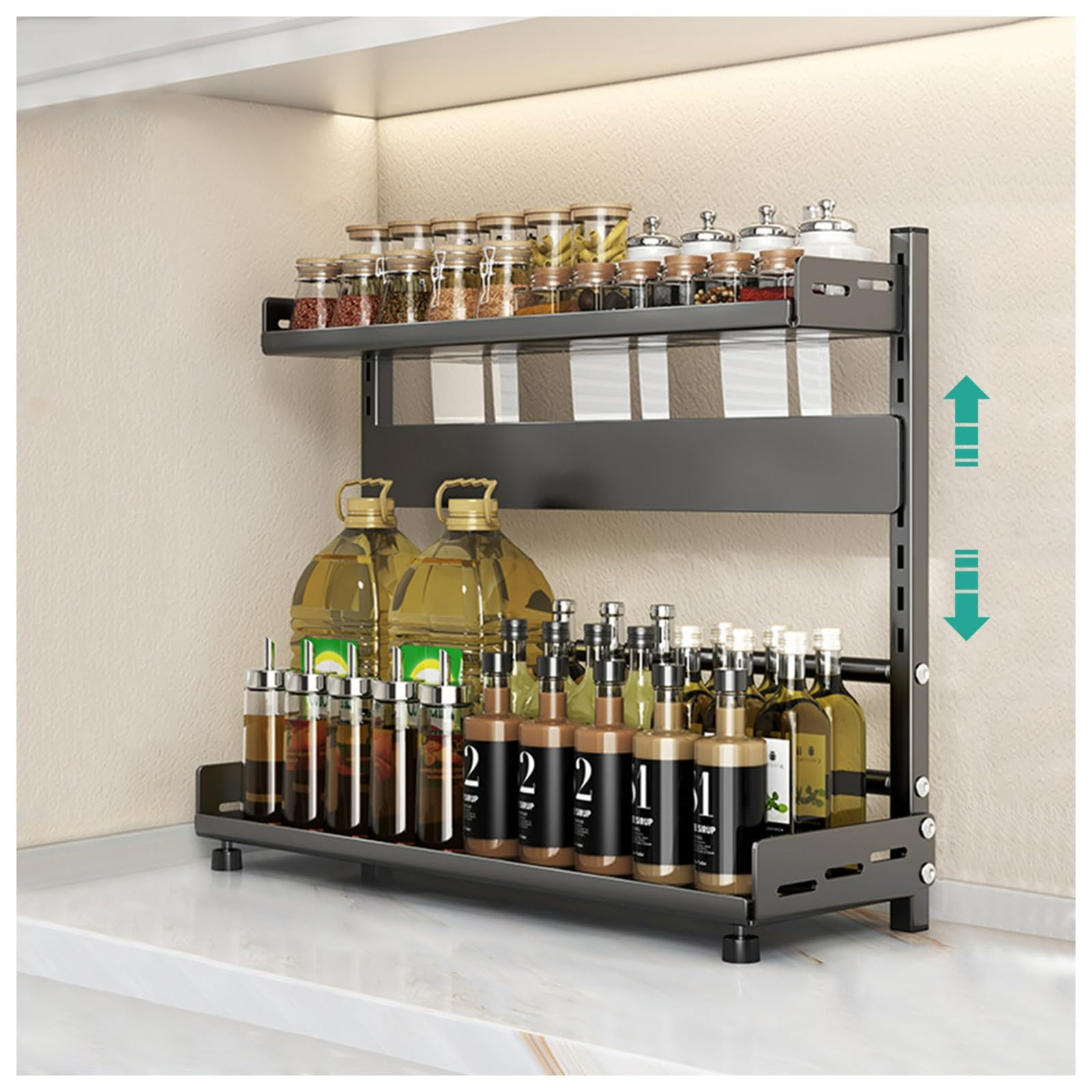 HADECOLL 3-Tier Adjustable Spice Rack, Height-Adjustable Metal Kitchen Organizer With Knife Slot, Rustproof Storage For Countertop And Cabinet,Black-2 Tier-50cm