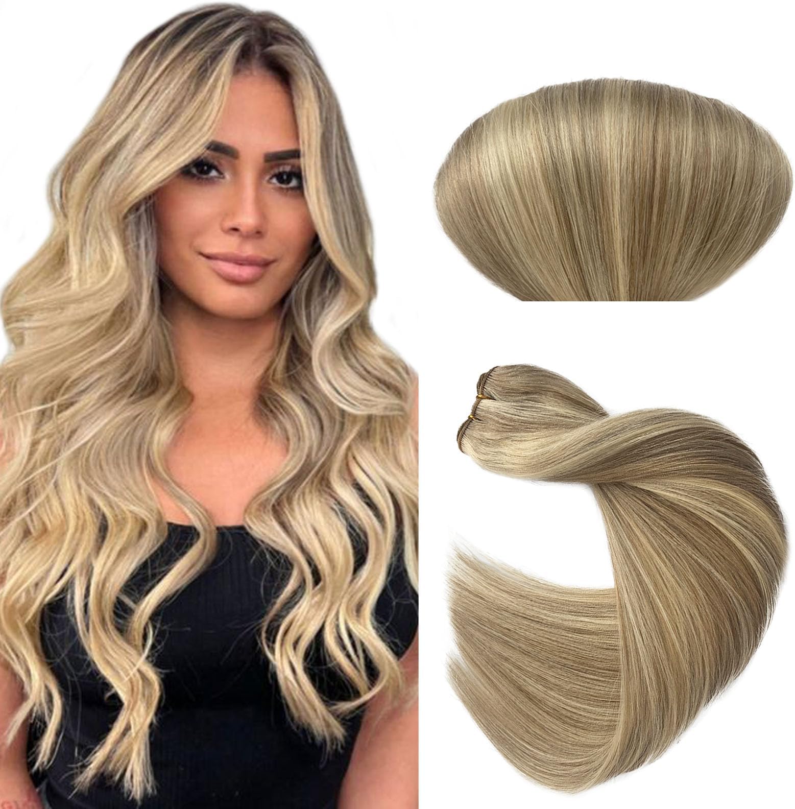 Sew in Light Ash Blonde Mixed Platinum Blonde Balayage Weft Human Hair Extensions for Women 22 Inch Long Straight Virgin Real Human Hair Bundles Blonde Highlight Hand Tied Extension 120grams