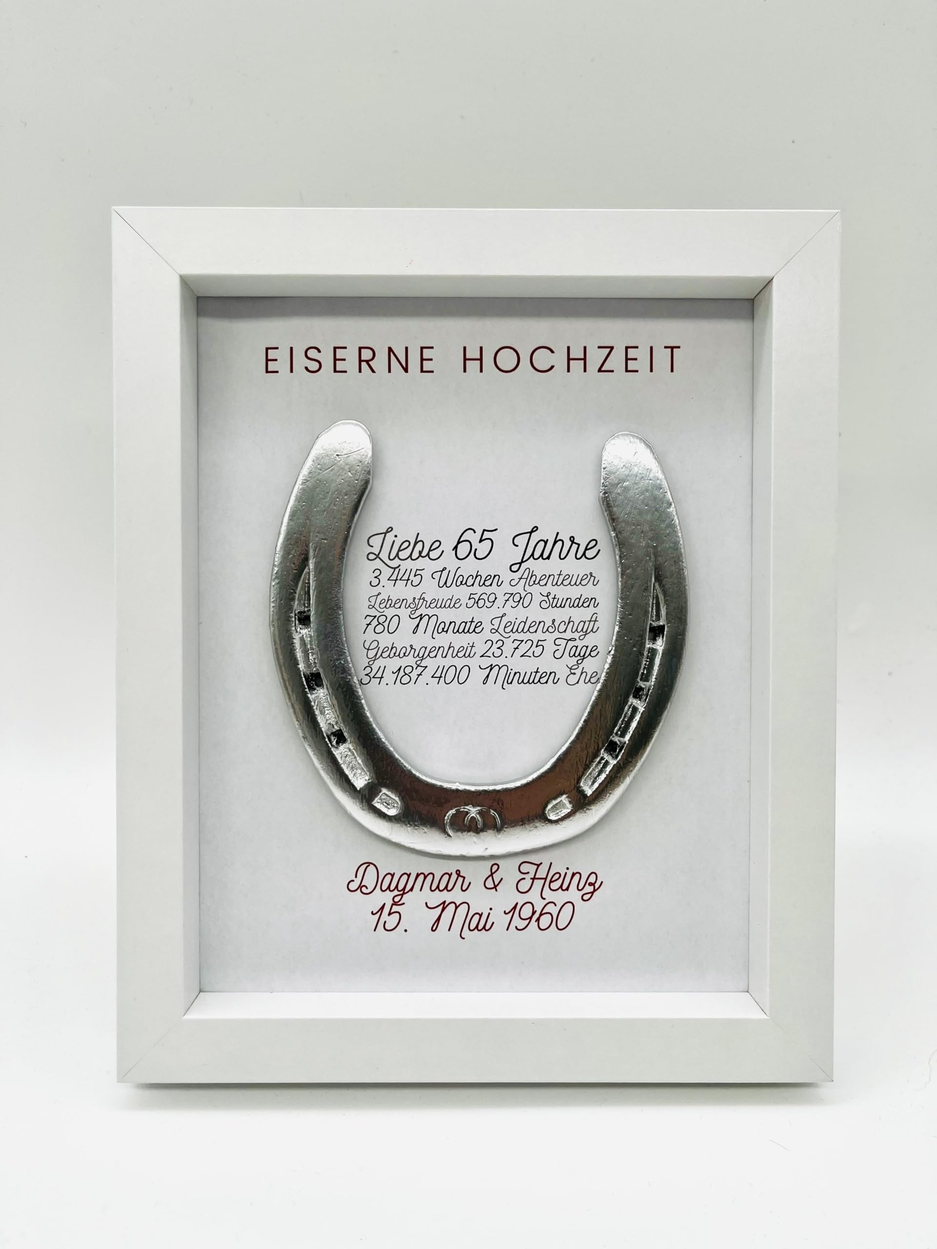 Generisch Geschenk zur eiserne Hochzeit, Eiserne Hochzeit, Wandbild 65 Jahre Ehe, personalisiertes getragenes Hufeisen (Hellbrau)