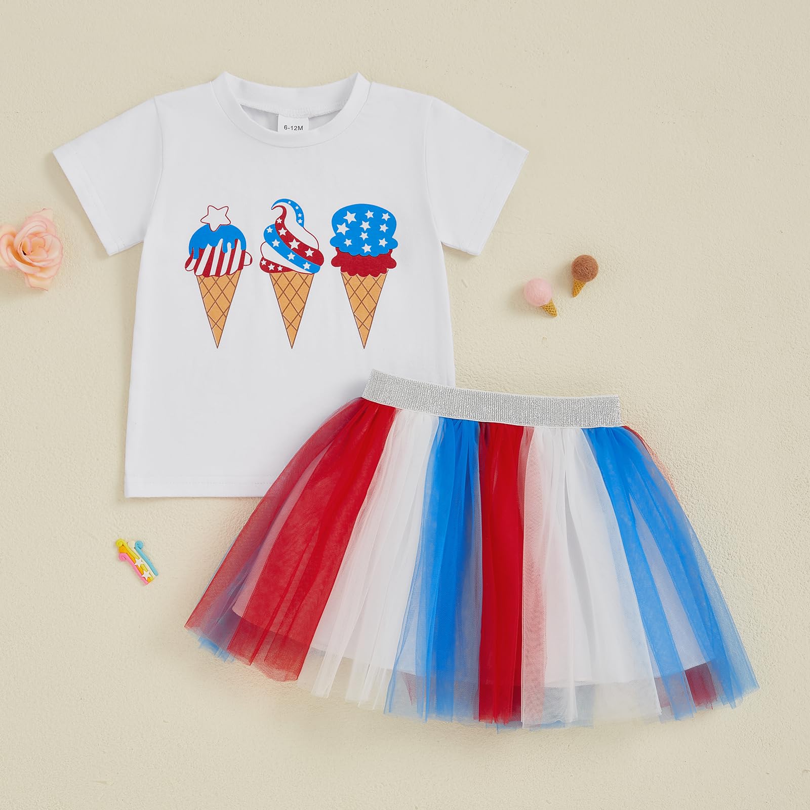 Kayotuas 4th of July Toddler Girl Outfit USA Popsicle T-shirt Blue Plaid Tulle Skirt Set Little Girls Fourth of July Dress (White, 18-24 Months)