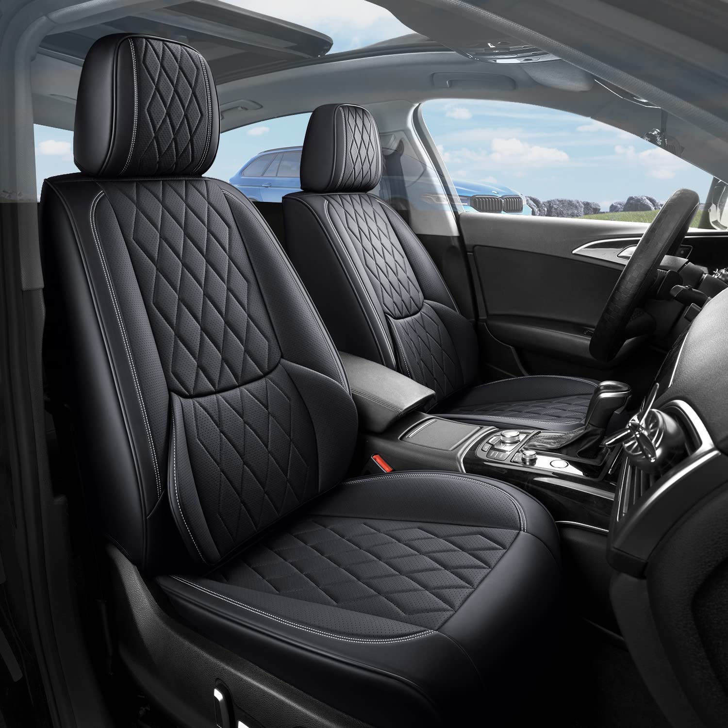 Wekar WK-006 Nappa 1 Pair Front Leather Car Seat Covers with Lumbar Support, Front Automotive Seat Covers, Waterproof Vehicle Cushion Cover Fit for Most Sedans SUV Pick-up Truck, Black