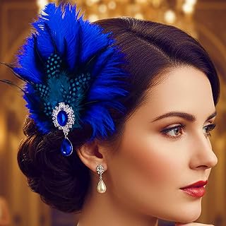 Yokawe 1920s Gatsby Feather Hair Clip Fascinator with Crystal, Royal Blue Synthetic Peacock Plumes, Black Spotted Feathers for Weddings, Parties, Vintage Events