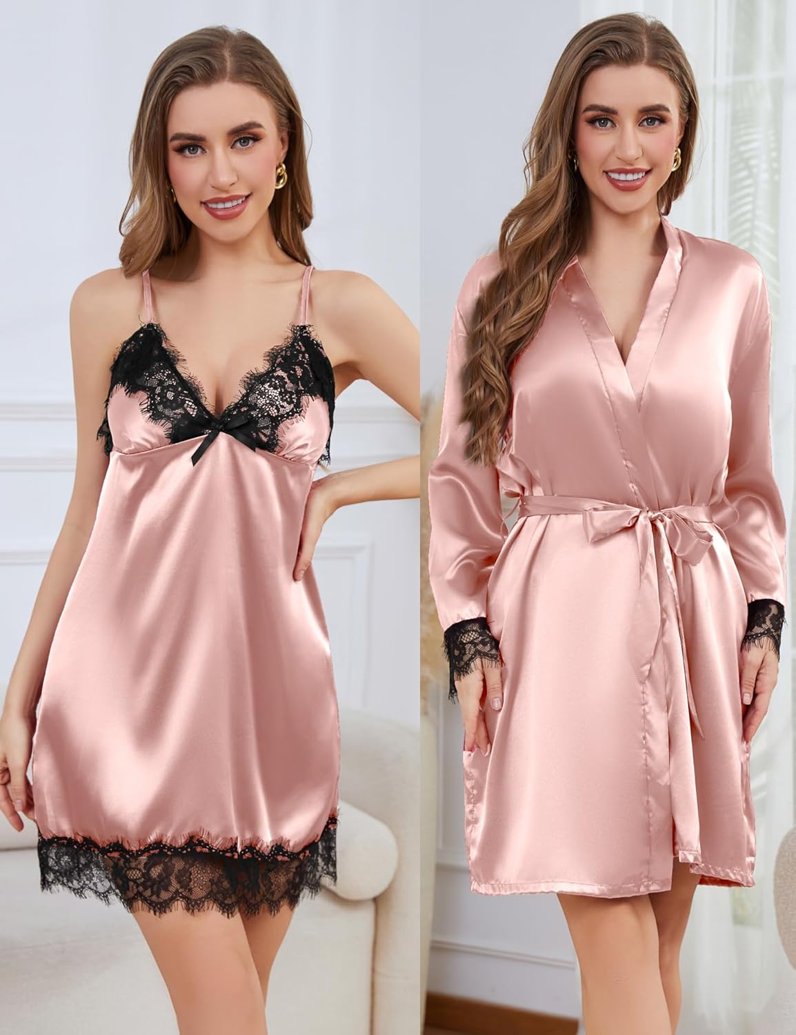 Womens Silk Lingerie Robe Nightgown 2 Piece Pajamas Set Sexy Lace V Neck Cami Satin Sleepwear - Image 4