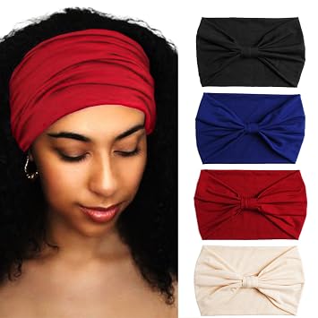 Wide Headbands Stretch Turban Knotted Hairbands Elastic Yoga Workout Sweatband Running Sport Head Scarf Large African Head Wraps for Women 4 Pcs Set B