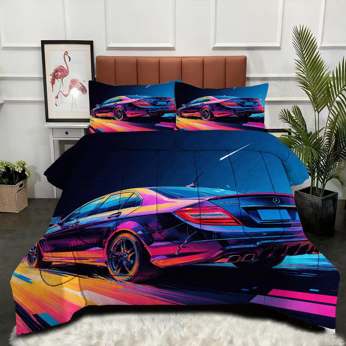 Couette microfibre imprimée lavable en machine 160x200 motif voiture de sport