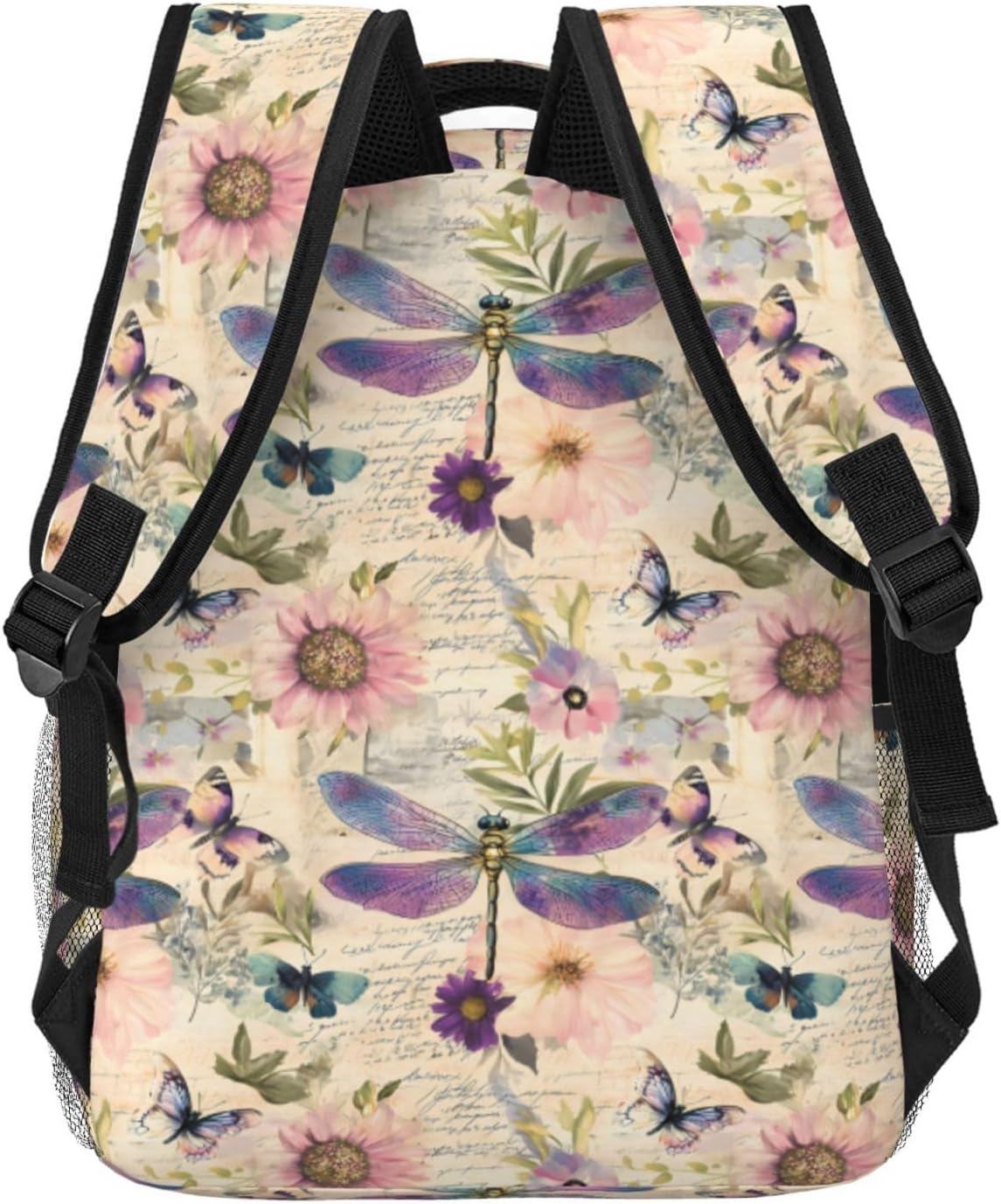 Elegant Dragonfly Butterfly Floral Backpack, Polyester Backpacks with Straps, 11.4inx5.9inx15.7in, Multi-Pocket Storage Bookbag, Ideal For School Work Travel Hiking Camping, Women Girls Gifts