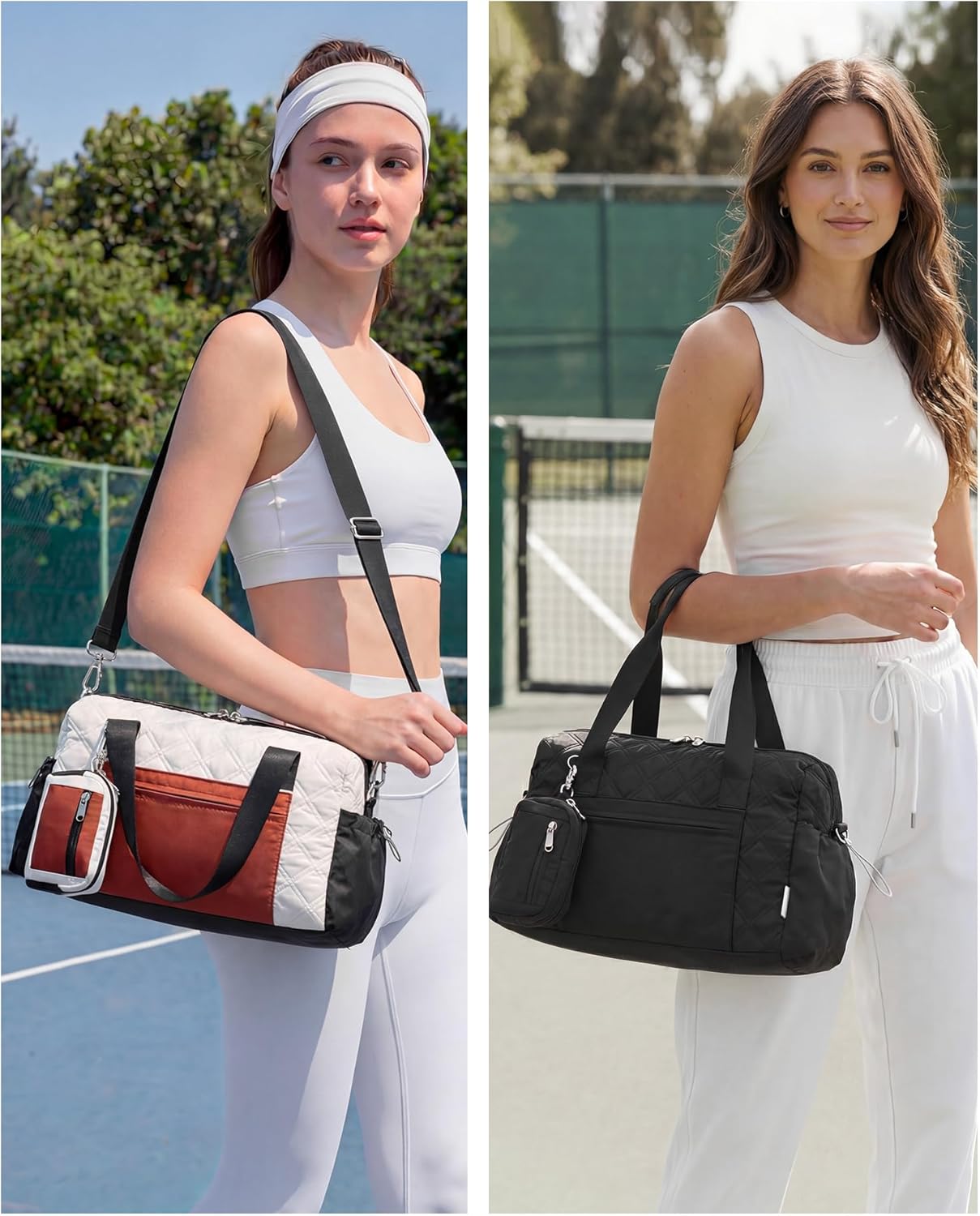 Small Gym Bag for Women, Mini Sports Duffle Bag for Workout Dance Ballet Yoga Gymnastics, Quilted Lightweight Puffer Travel Tote with Detachable Coin Purse & Wet Pocket, Beige-black-brown - Image 5