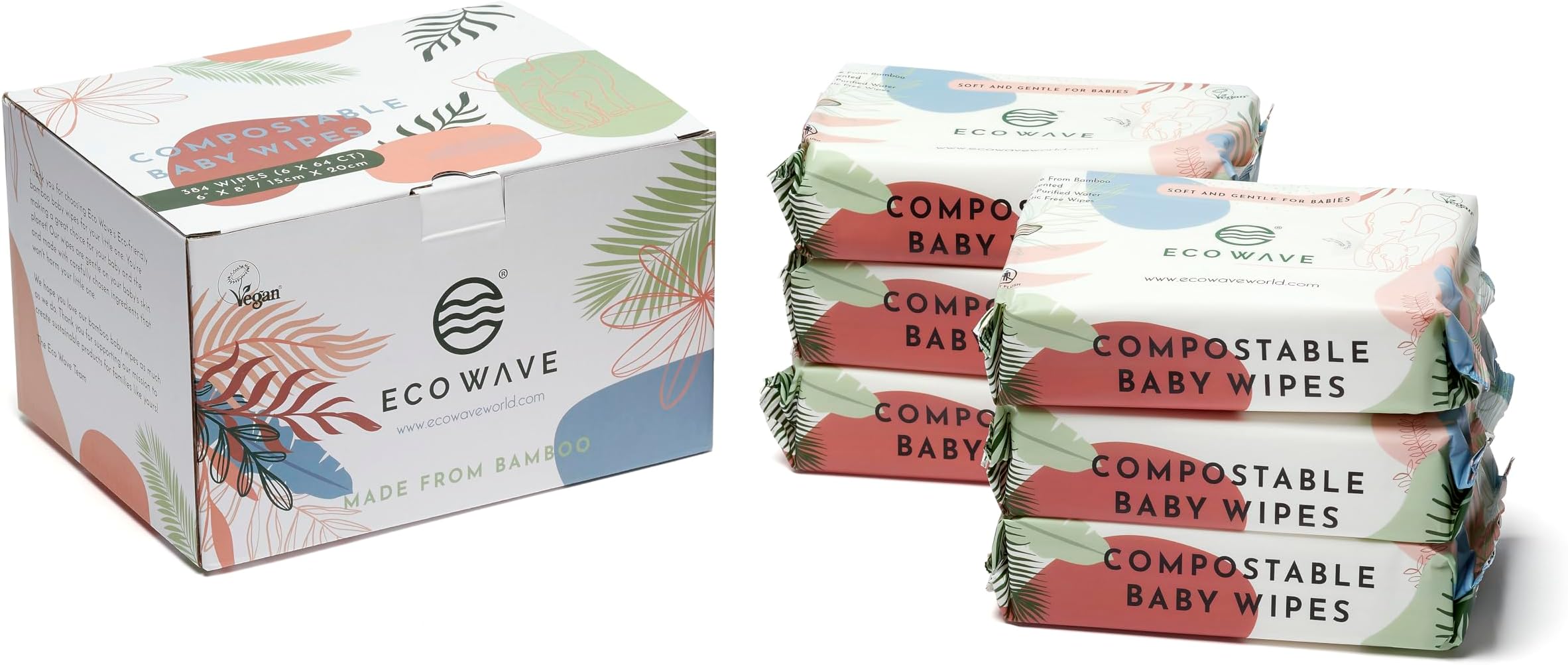 Eco Wave Baby Wipes, 100% Compostable Eco-Friendly Bamboo Wipes, Unscented, Hypoallergenic, Vegan, Alcohol-Free, Suitable For Sensitive Skin (Pack of 12) (6 Pack)