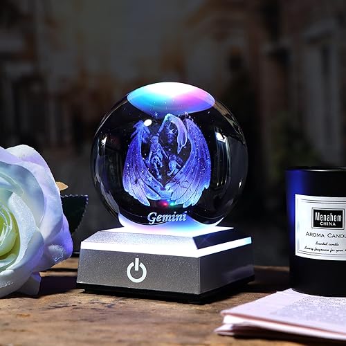 Miniatura 5 de Ornalrist Bola de cristal de Géminis 3D K9 de 3.1in con base LED plateada de 3.15 pulgadas3.1in, constelación en miniatura grabada interior, regalos