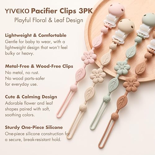 Miniatura 2 de Clips para chupete de silicona para bebés para niños y niñas, clips de una pieza para bebés, clips para chupete YIVEKO con flores, 3 unidades,