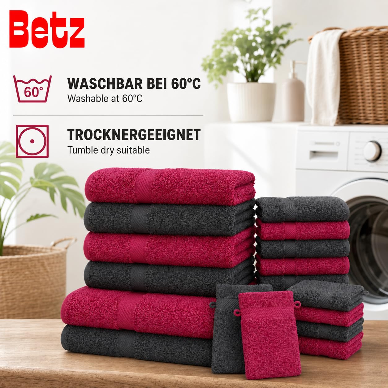 Betz 12-TLG. Handtuch-Set Palermo 100% Baumwolle 2 Liegetücher 4 Handtücher 2 Gästetücher 2 Seiftücher 2 Waschhandschuhe Farbe Cranberry und anthrazit