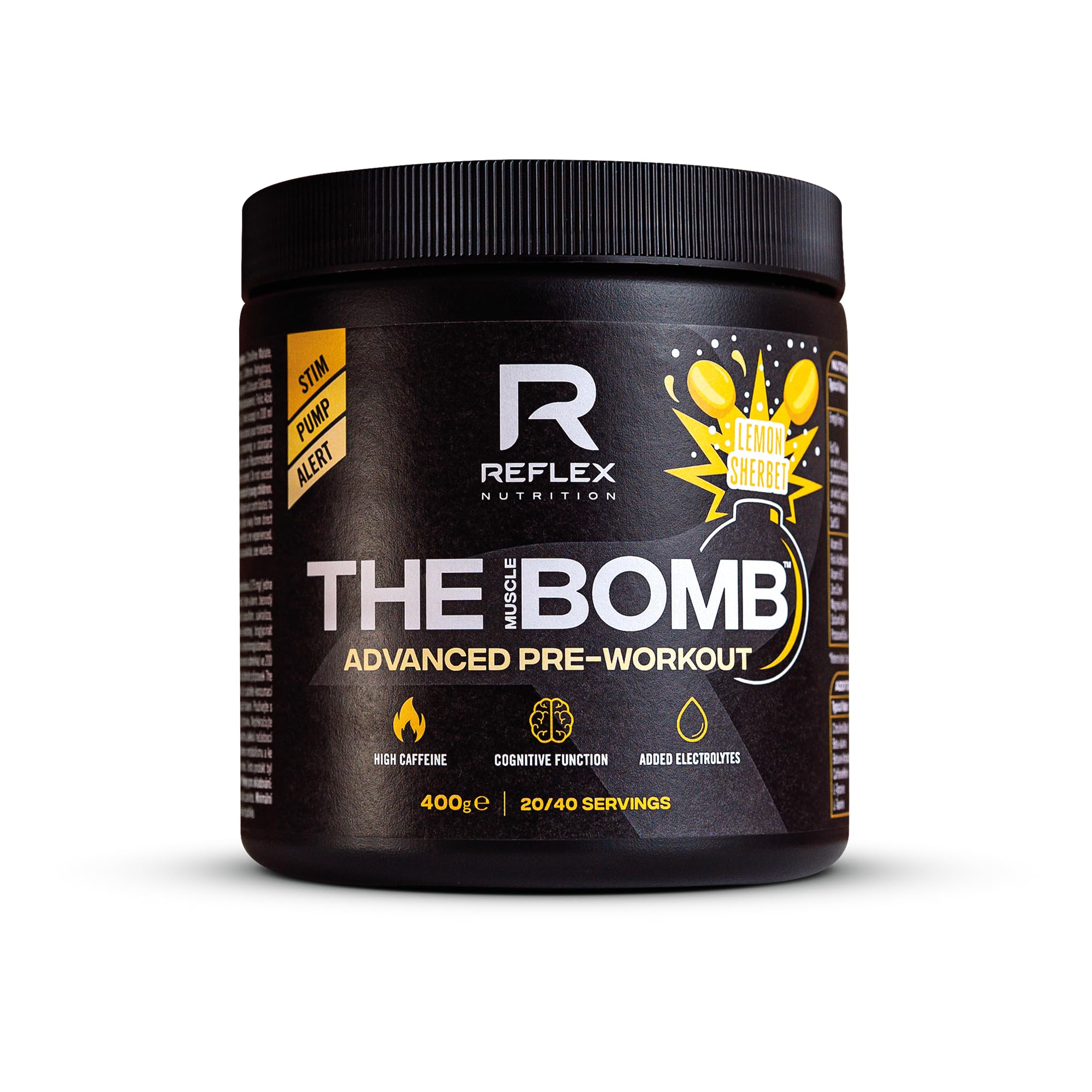 Reflex Nutrition The Muscle Bomb Caffeine Pre Workout Powder - 350mg Caffeine, 9g Citrulline Malate, 2.5g Beta Alanine - Energy, Pump & Focus for Explosive Workouts (Sherbet Lemon, 400g, 20 Servings)