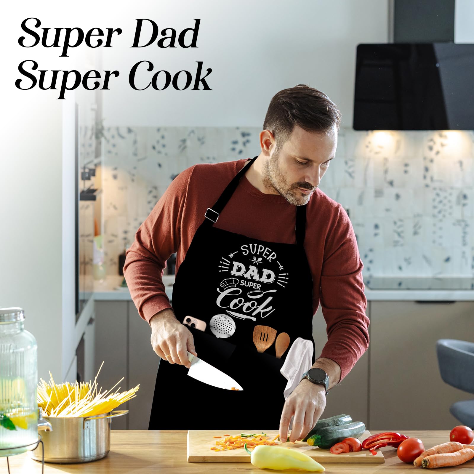 conda Grembiule da uomo, grembiule da chef con cinturino regolabile e 2 grandi tasche, grembiule da cucina nero, regalo divertente per papà, nero, 27.5 x 35 inch