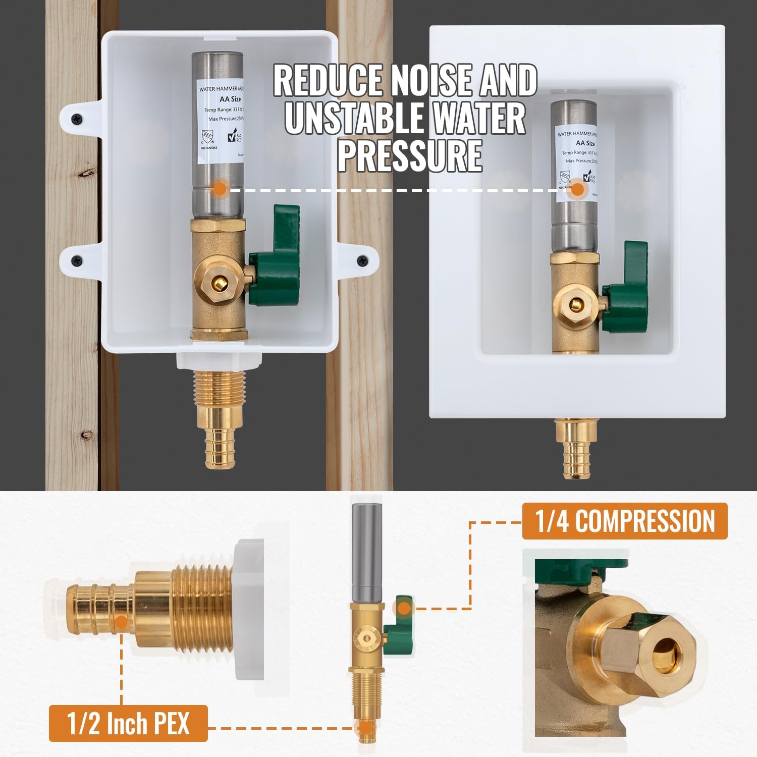 SUNGATOR Ice Maker Outlet Box with Water Hammer Arrestor (Stainless Steel), 1/2 Inch Pex Crimp Inlet x 1/4 Inch OD Compression Outlet, Ice Maker Valve Wall Box with 2 Crimp Rings