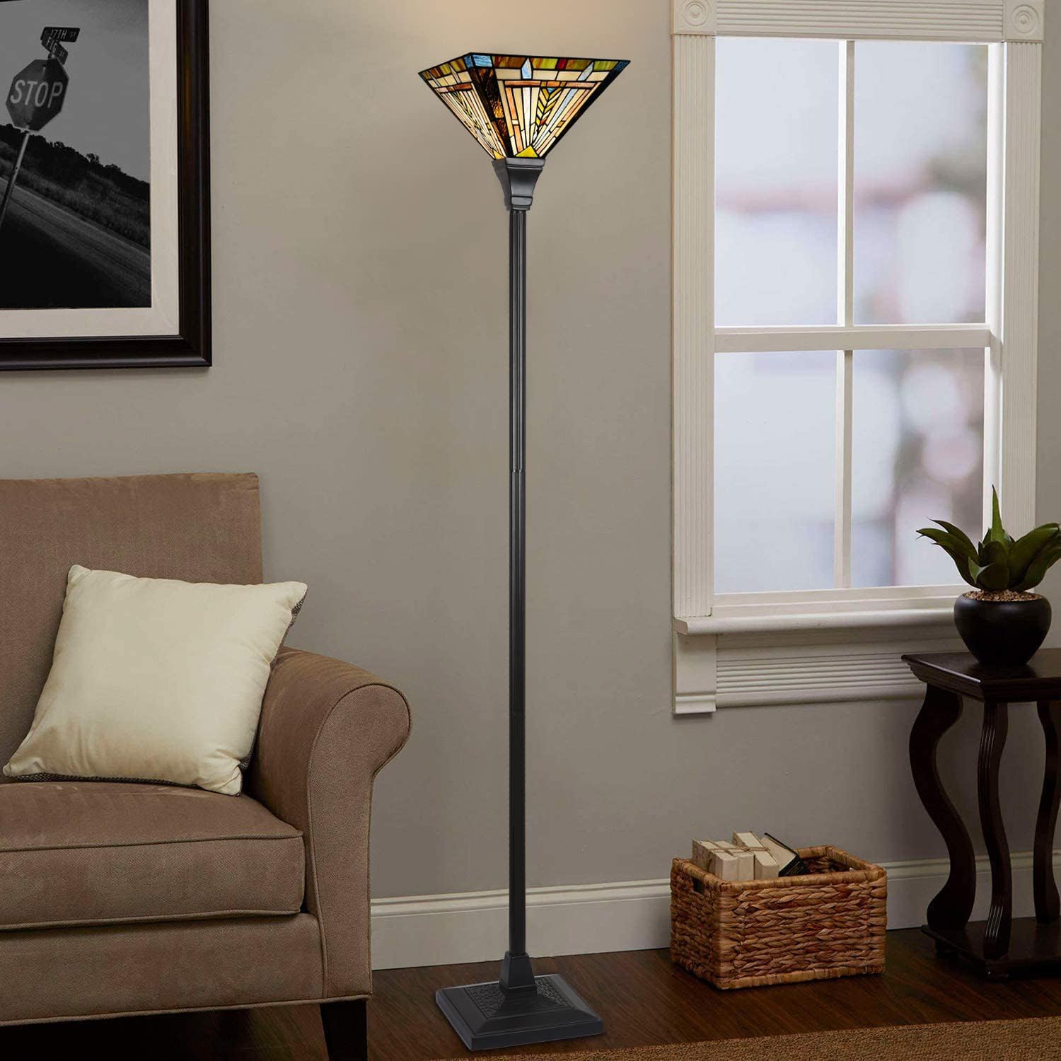 Tiffany Torchiere Floor Lamp,Stained Glass Lamp Shade,Vintage Antique Mission Tiffany Style Standing Light for Living Room and Bedroom