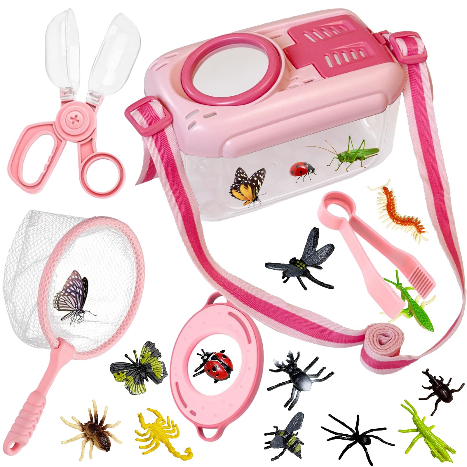 Kulveanju Bug Hunting Kits for Children, 5 Pcs Bug Catcher Kit & 12 Bug Toys, Outdoor Explorer Kit Insect Box with Magnifying Glass, Kids Outdoor Toys Gifts for Boys Girls 3 4 5 6 Years Old, Pink