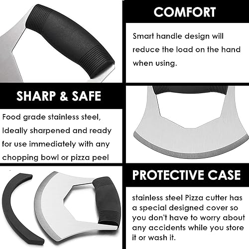 Miniatura 3 de Mezzaluna Cuchillo cortador de pizza picador de ensalada – Cuchillo de acero inoxidable afilado Ulu con cubierta protectora para cortador de pizza,
