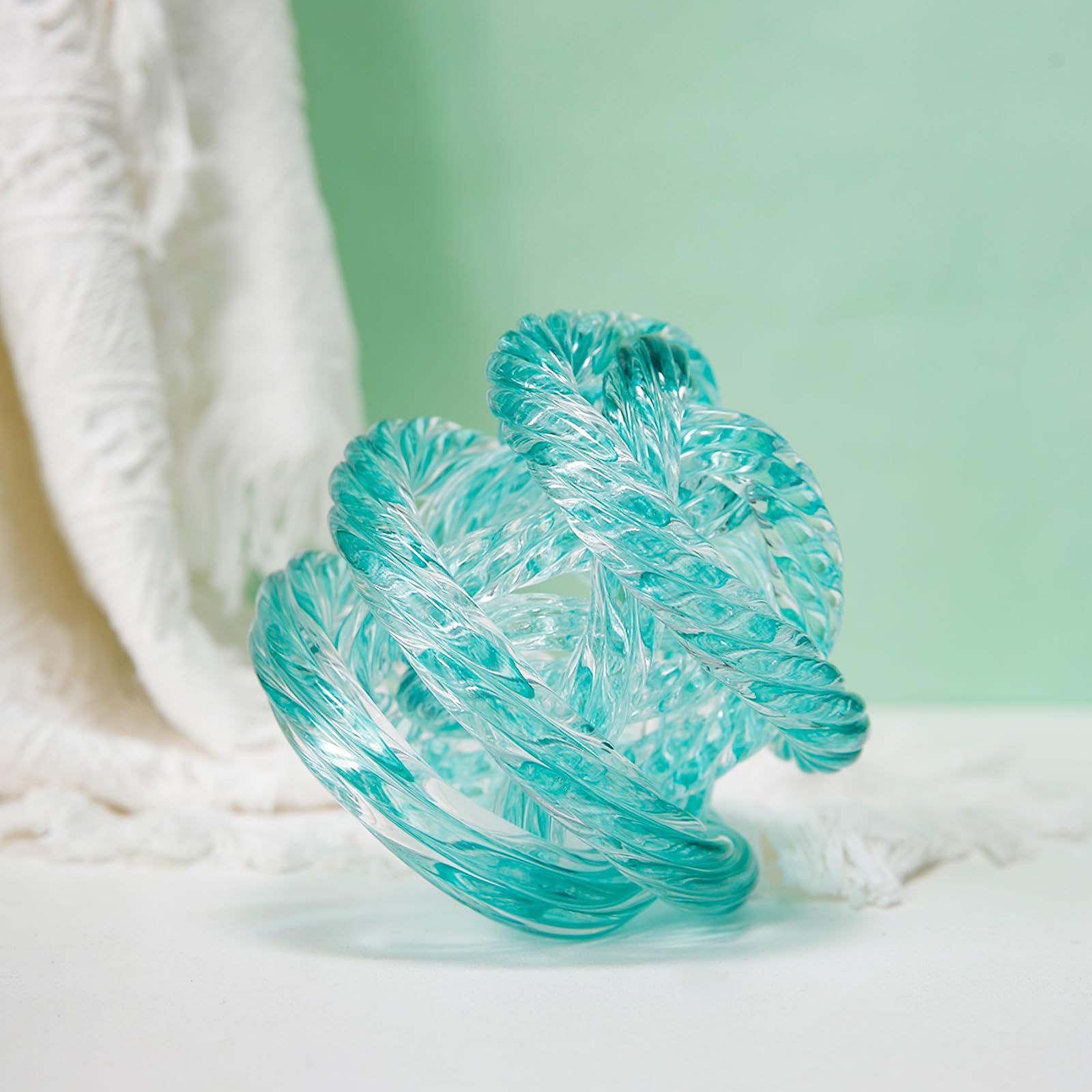 ORRFIDDY Glass Knot Teal Orbit Ball Hand Blown Infinity Sculpture Decor Glass Orbit Home Decor Table Decoration Interio Art
