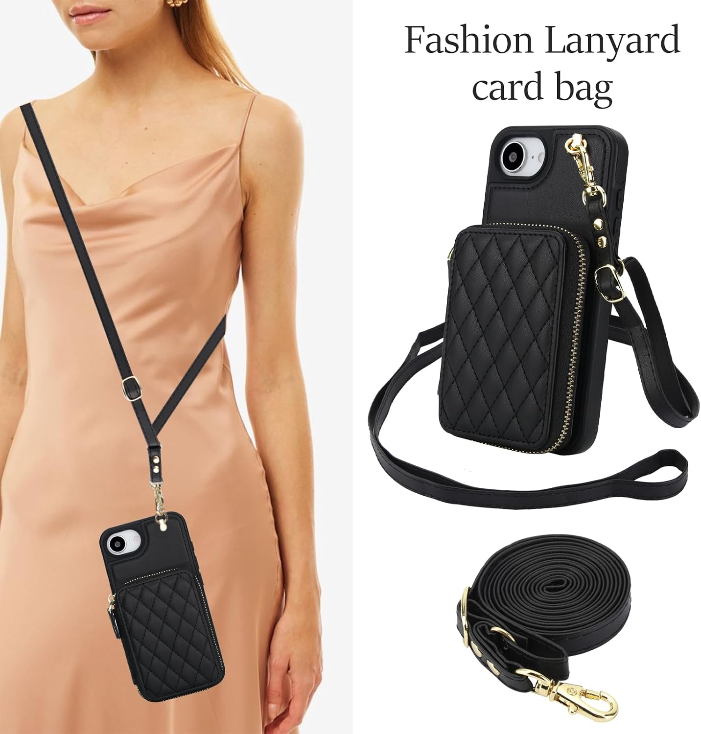 Wefor Compatible with iPhone 16e Wallet Case Crossbody for Women, Zipper Phone Case with RFID Blocking Card Holder Wrist Strap Purse (Black)