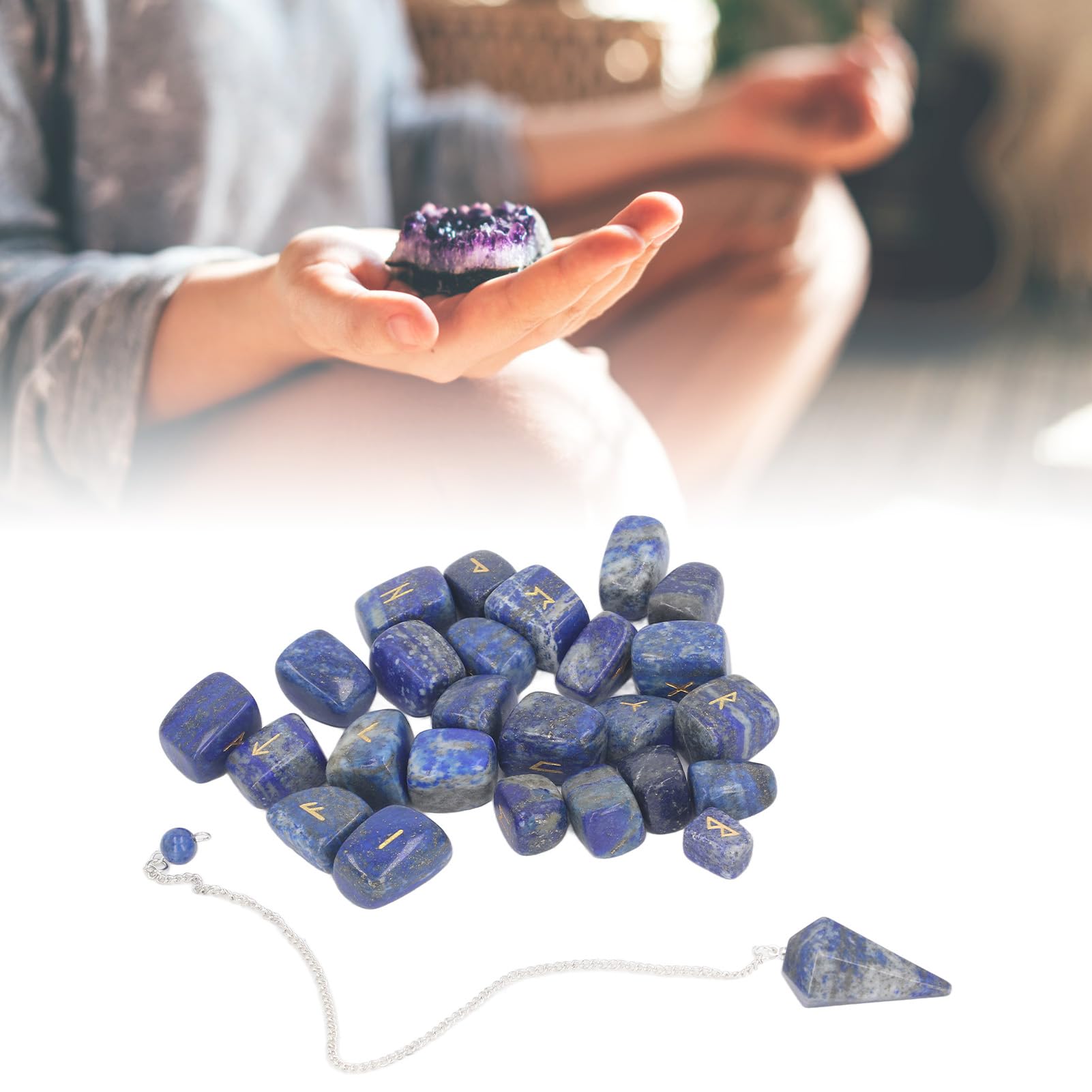 EMUKOEP 25 Piedras de Runa, Péndulo de Cristal y Bolsa de Almacenamiento para Meditación de Adivinación, con Símbolos de Runa Grabados para la Conexión Espiritual de Curación de (Lazurita con Péndulo)
