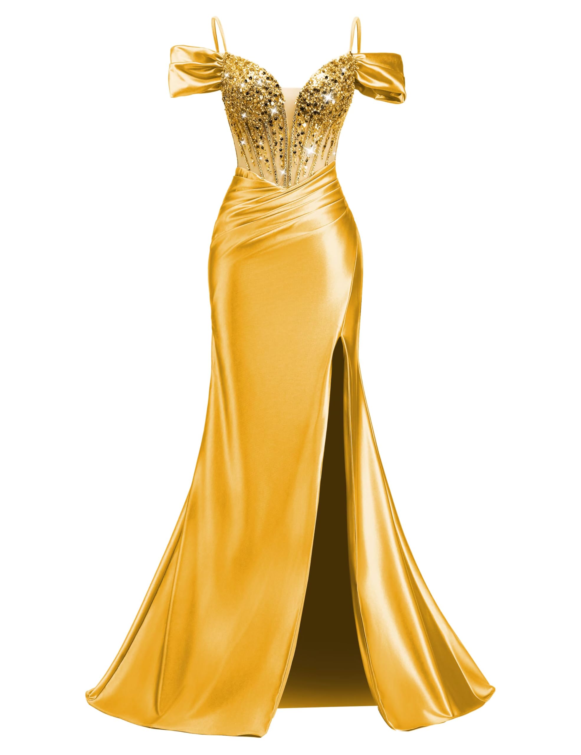 ForElise Off Shoulder Satin Prom Dresses 2026 V Neck Beaded Long Formal Evening Gown