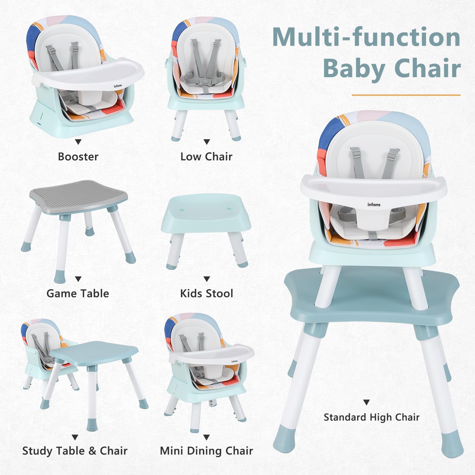 INFANS 8 in 1 Baby High Chair, Convertible Highchair for Babies and Toddlers, Infant Dining Booster Seat, Building Block Table, Kids Stool Table Chair Set with Removable Tray (8 in 1, Baby Blue)