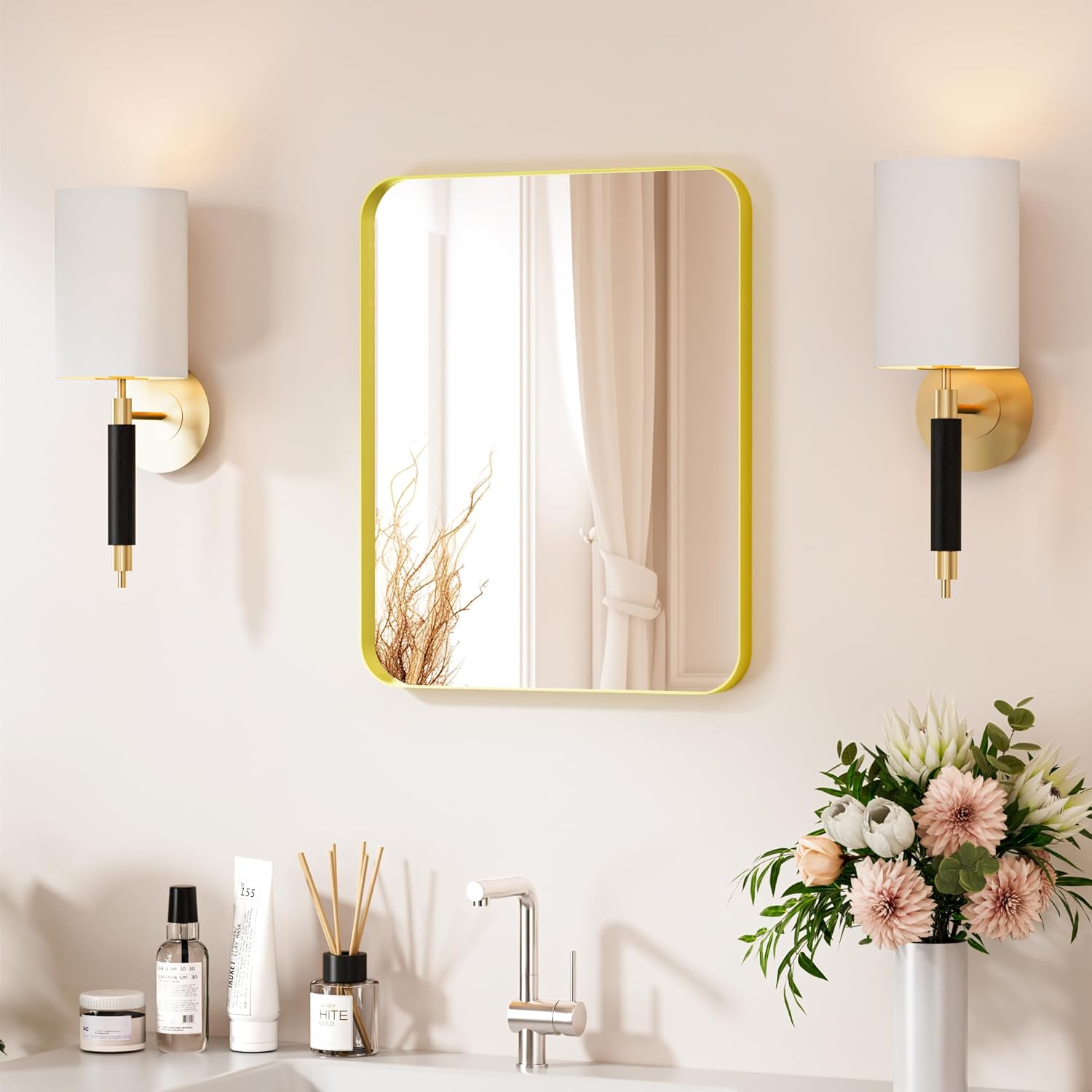 Gold Bathroom Mirror 20X16 Inch Bathroom Vanity Mirror for Wall, Metal Frame Large Mirror, Tempered Glass, Modern Wall Mirror for Bathroom, Farmhouse, Horizontally or Vertically Hanging Gold 20"X16"