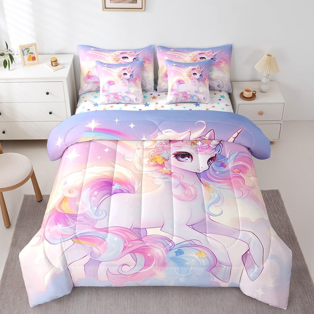 Parure de lit 2 personnes licorne Manfei 7 pièces avec housse de couette
