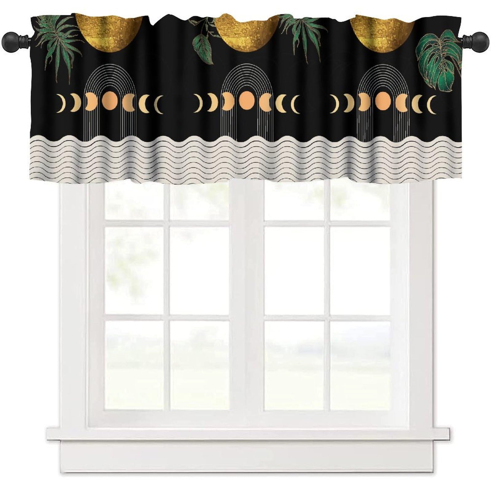 Mid Century Abstract Boho Window Valance Curtains Modern Abstract Gold Sun Leaves Minimalist Geometric Arch Window Treatment Valance for Farmhouse Kitchen Bedroom Living Room 54x18inch