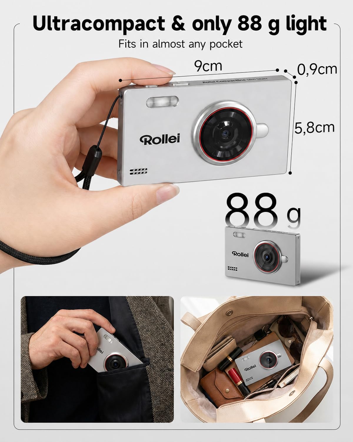 Fotocamera Digitale Rollei Compactline Slim Silver 80MP 4K Macchina Fotografica con Cattura Sorriso Ultrasottile Camera Compatta e Portatile per Principianti, Fotocamera-Digitale-Macchina-Fotografica