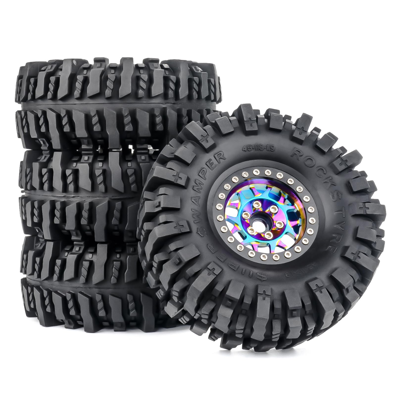 PYFORE Rainbow Aluminum 1.9 Beadlock Wheels & Tires Combo, Mud Slingers Tires for TRX4, Axial SCX10 II III, Redcat Gen 8, VS4-10 1/10 Scale RC Crawler (4pcs) (G)