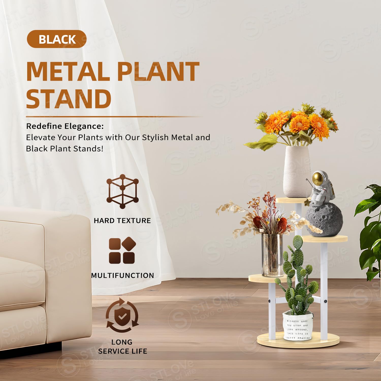 STLOVe® Porte Plante Interieur, Plusieurs Niveaux Plante D'étagère à Fleurs D'angle, Support De Plante En Métal Bois, 3 Niveaux Tabouret Plante, Exterieur Étagères Pour Jardin/Salon(Plante Non Inclus)